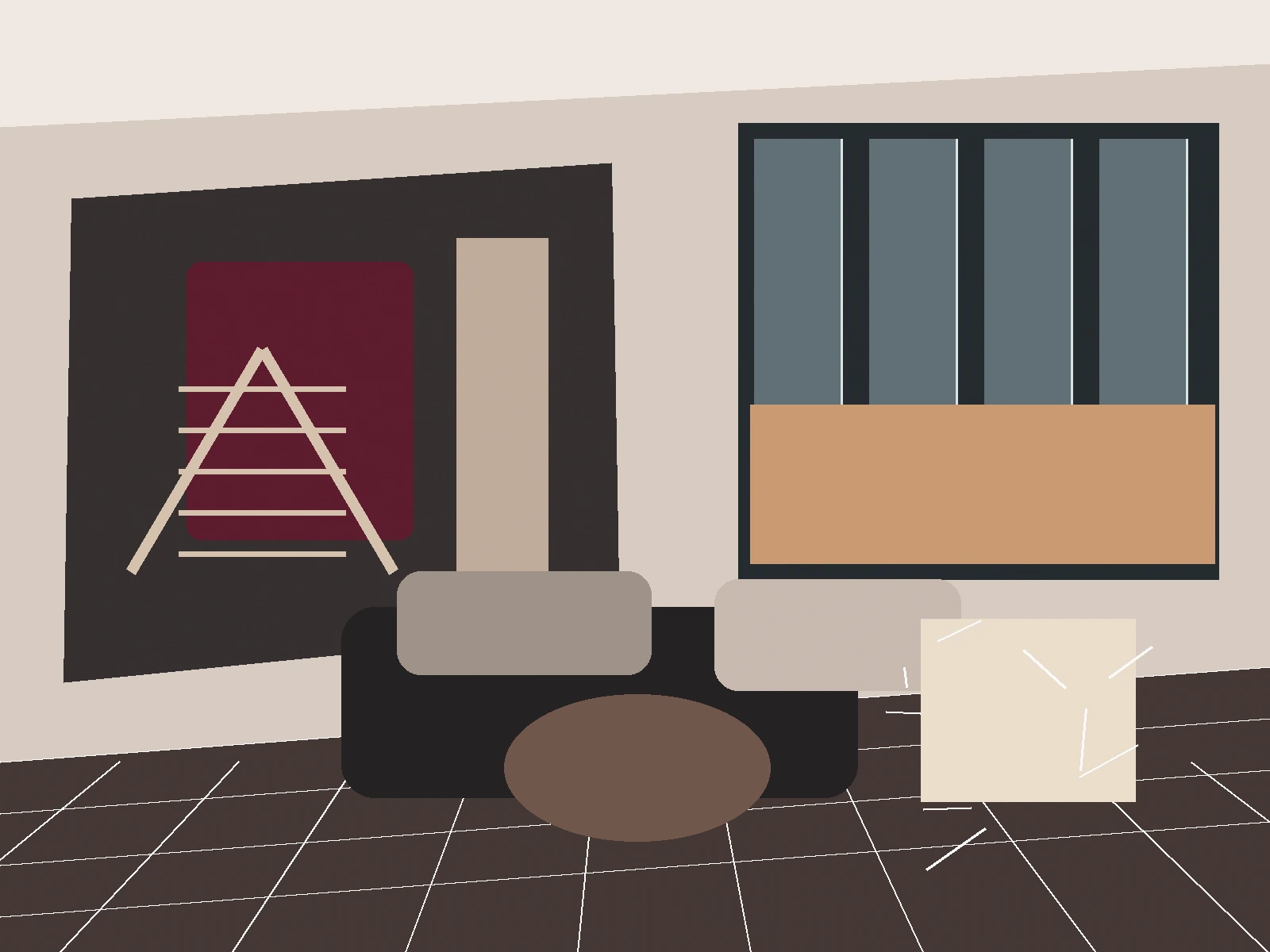 Refined modern interior fit-out with warm neutral materials and burgundy detail